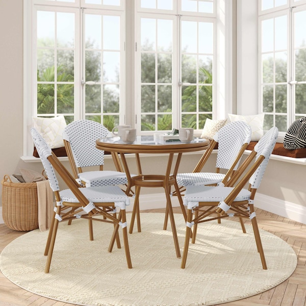 Flash Furniture Lourdes French Bistro 31.5in. Table, White and Gray PE Rattan, Glass Top w/4 Stack Chairs - Natural SDA-AD641012-80-4001-F-WHGY-NAT-GG - main